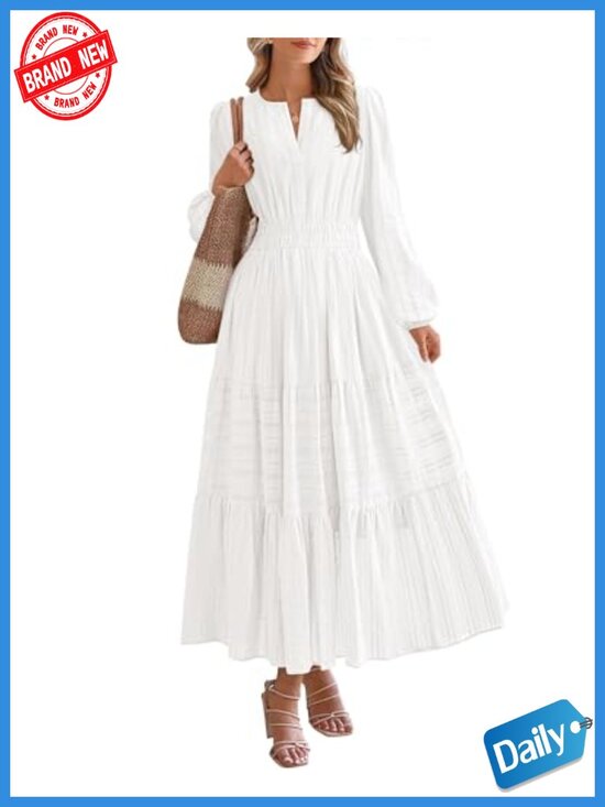 Dresses & Skirts - Long Sleeve V Neck Maxi Dress with Pockets Elastic Waist Tiered Ruffle A-Line